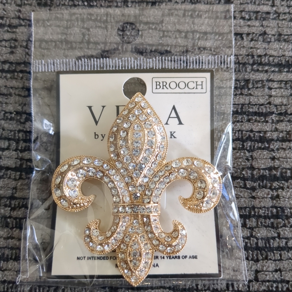 Rhinestone Embellished Fleur De Lis Pin Brooch 2.2"X2.4"